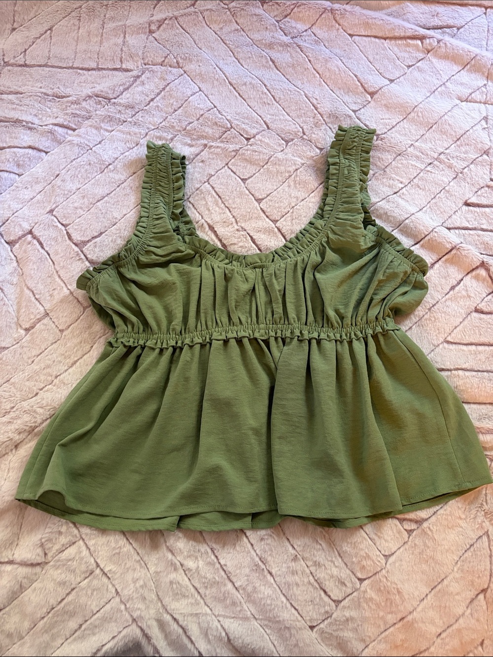 Women's Olive Green Ruched Peplum Tank Top - Picture 2 of 3